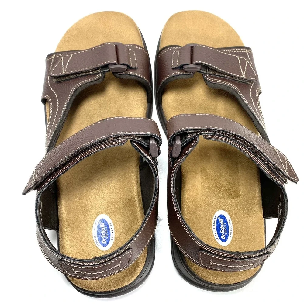 Dr. Scholl's Penn Mens Brown Leather Adjustable Sandals Ankle Strap Comfort 10 M
